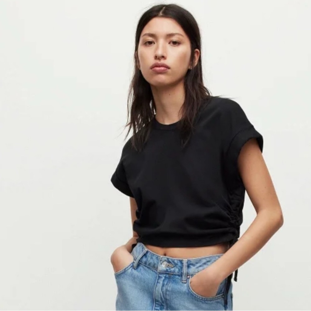 Allsaints Mira cropped drawcord t-shirt black Boxy Drawstring Side Muscle Tee